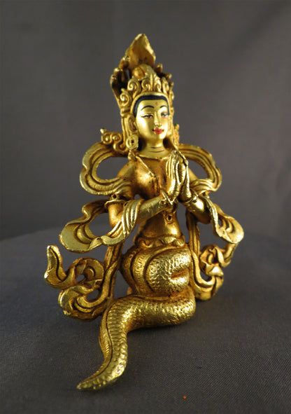 Gold Face Buddhism Snake Goddess Naga kanya Gold Plated Copper Statue Sculpture Nepal free