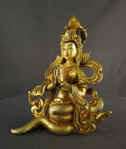 Gold Face Buddhism Snake Goddess Naga kanya Gold Plated Copper Statue Sculpture Nepal free