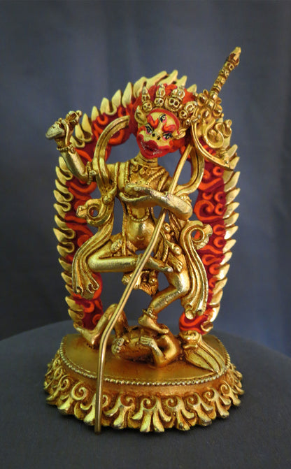 Tibetan Gold Face Simha Mukha Dakini Statue: Gold Plated Copper Buddhism Handmade Sculpture