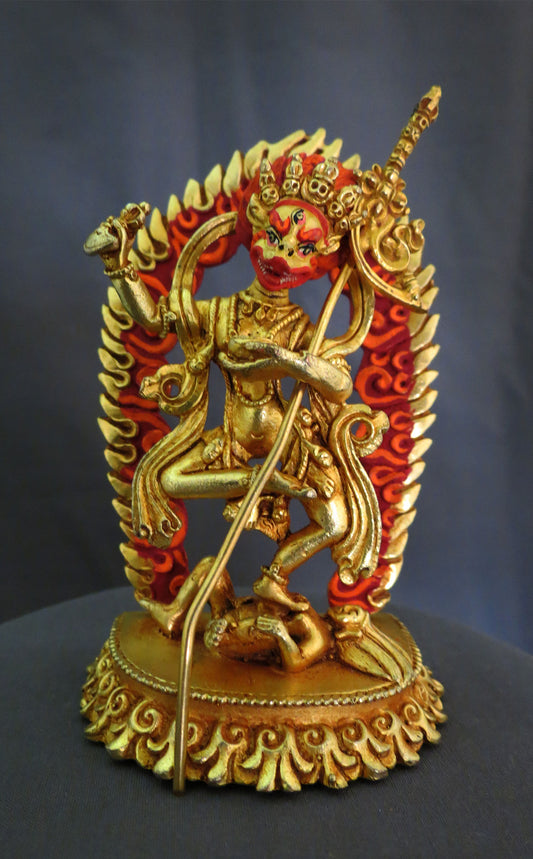 Tibetan Gold Face Simha Mukha Dakini Statue: Gold Plated Copper Buddhism Handmade Sculpture
