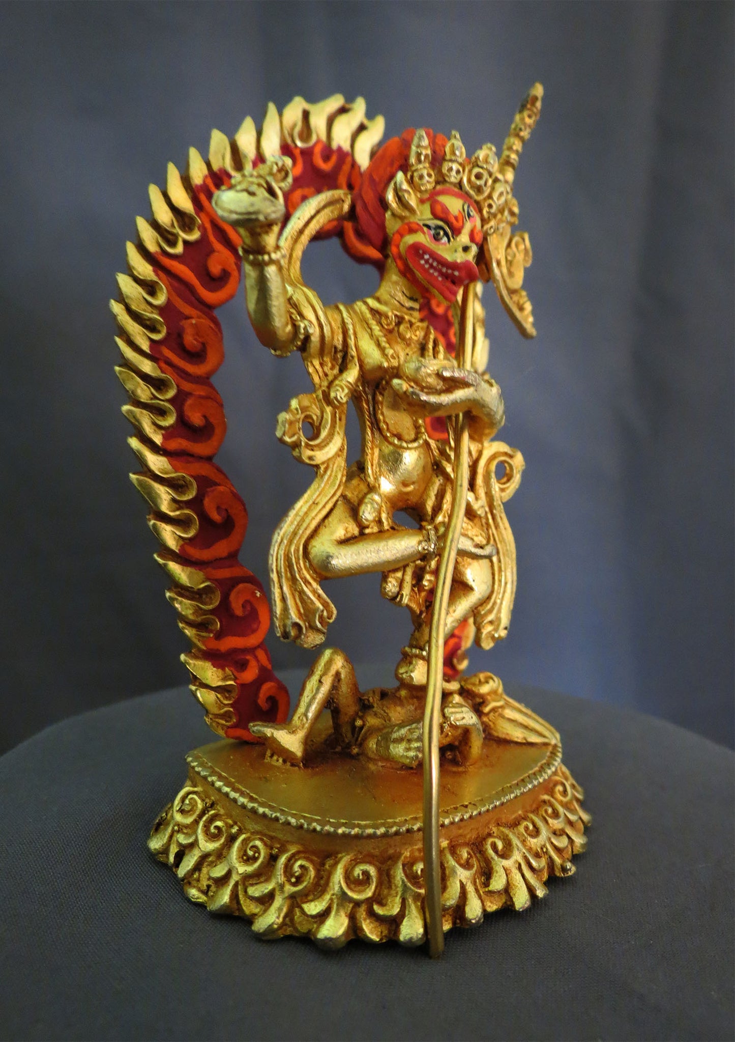 Tibetan Gold Face Simha Mukha Dakini Statue: Gold Plated Copper Buddhism Handmade Sculpture