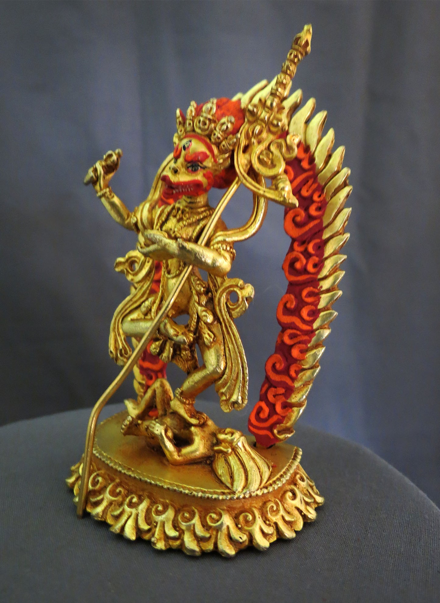 Tibetan Gold Face Simha Mukha Dakini Statue: Gold Plated Copper Buddhism Handmade Sculpture