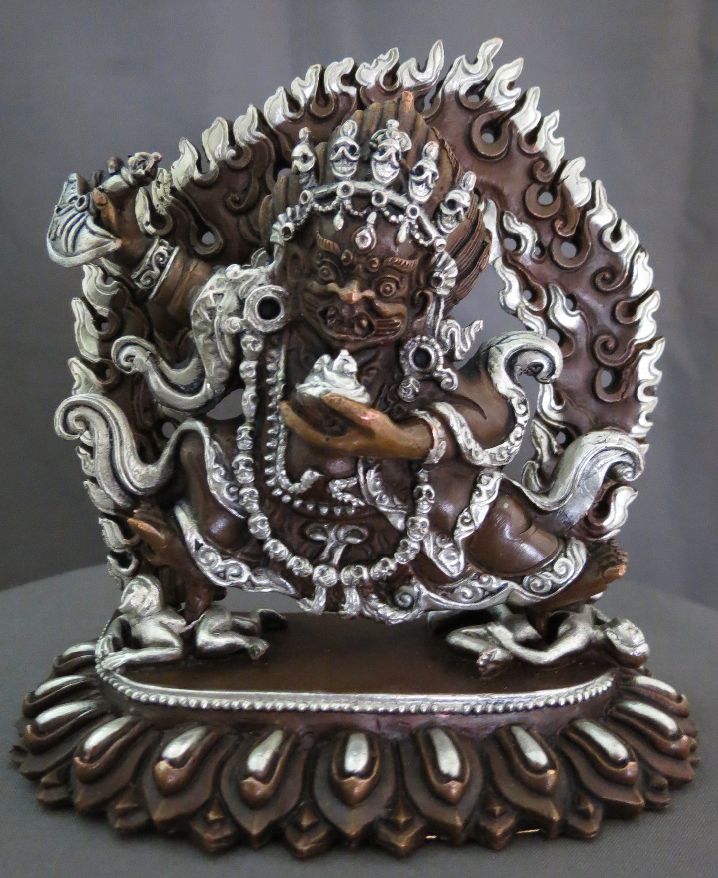 Kajupa Mahakala Statue: Tibetan Buddhist Wrathful Deity, Silver Oxide Copper Sculpture Nepal free
