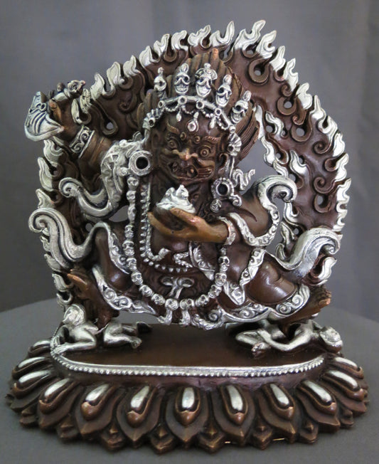 Kajupa Mahakala Statue: Tibetan Buddhist Wrathful Deity, Silver Oxide Copper Sculpture Nepal free