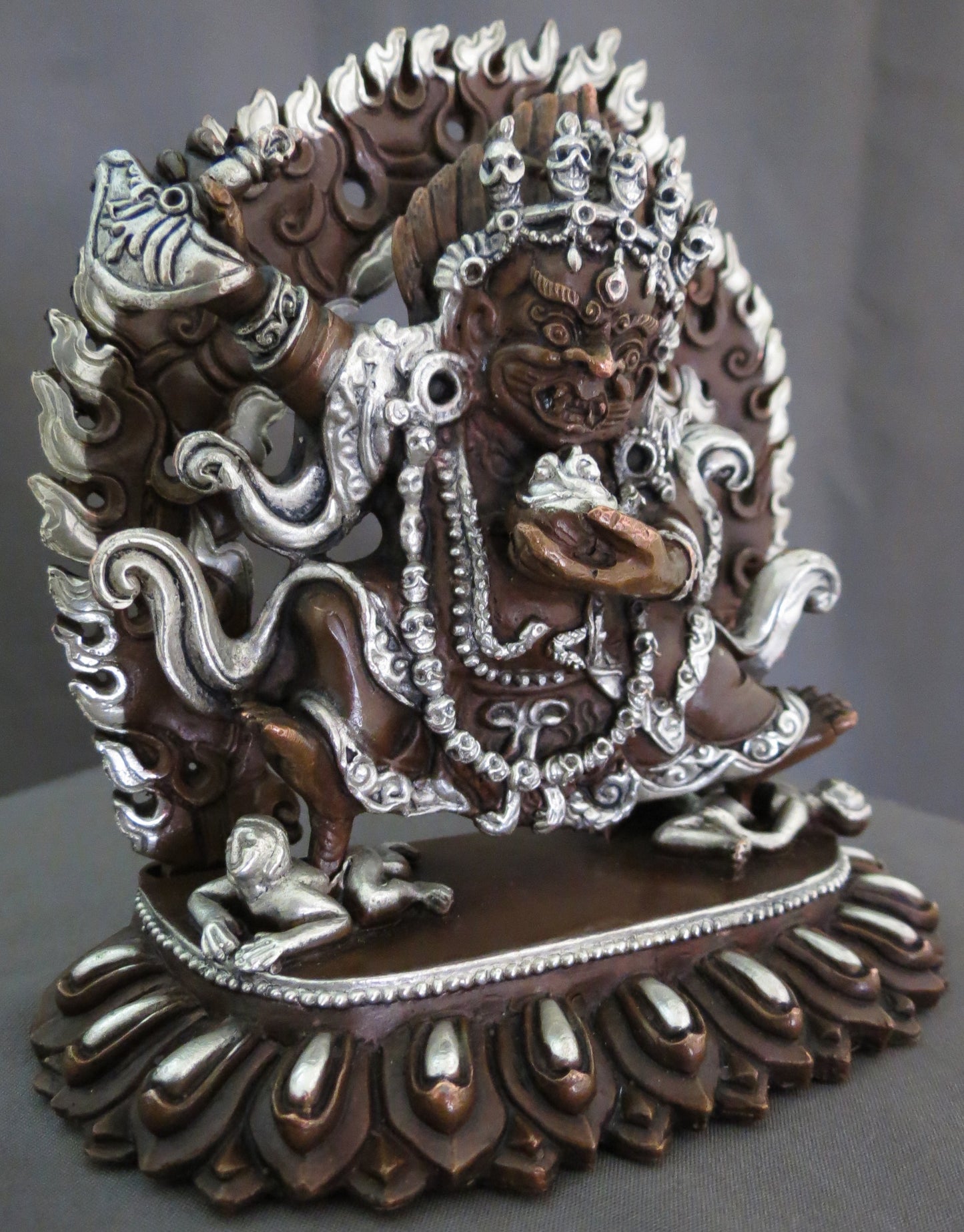 Kajupa Mahakala Statue: Tibetan Buddhist Wrathful Deity, Silver Oxide Copper Sculpture Nepal free