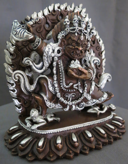 Kajupa Mahakala Statue: Tibetan Buddhist Wrathful Deity, Silver Oxide Copper Sculpture Nepal free