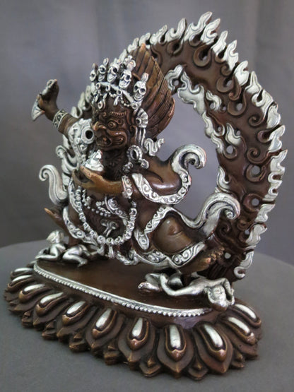 Kajupa Mahakala Statue: Tibetan Buddhist Wrathful Deity, Silver Oxide Copper Sculpture Nepal free