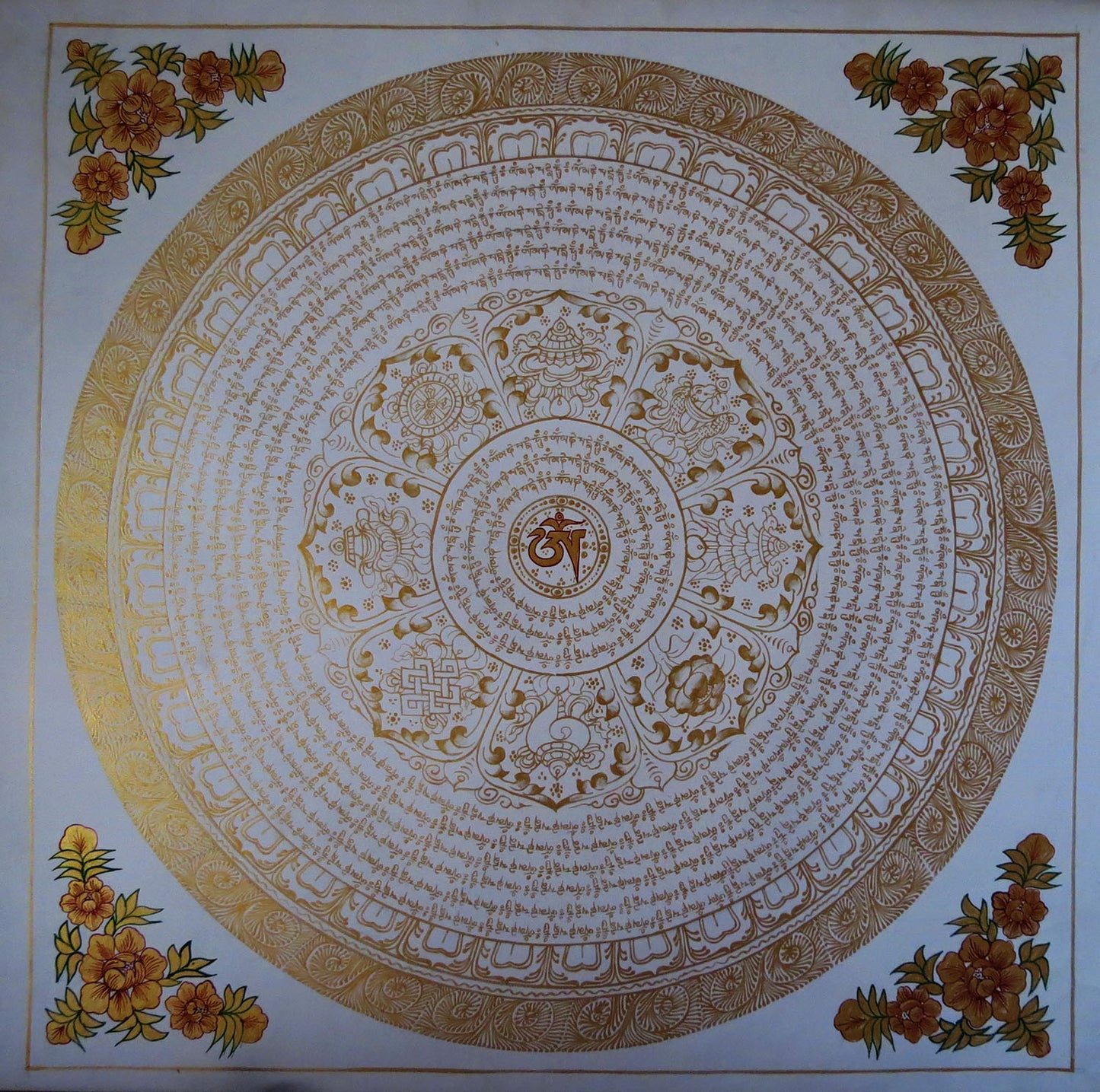 Tibetan Buddhism Om Mani Padme Hum Mantra Mandala with 8 Auspicious Ritual Sign Handwritten Painting Thangka Art Nepal free