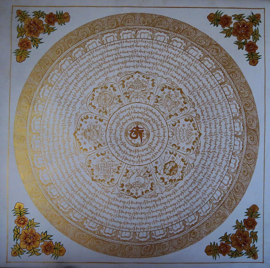 Tibetan Buddhism Om Mani Padme Hum Mantra Mandala with 8 Auspicious Ritual Sign Handwritten Painting Thangka Art Nepal free