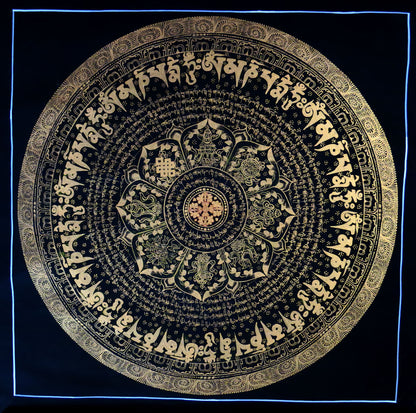 Tibetan Buddhism Ritual Vishwa Vajra/Dorje Om Mani Padme Hum Mantra Mandala with 8 Auspicious Lucky Sign Handwritten Painting Thangka Art Nepal free