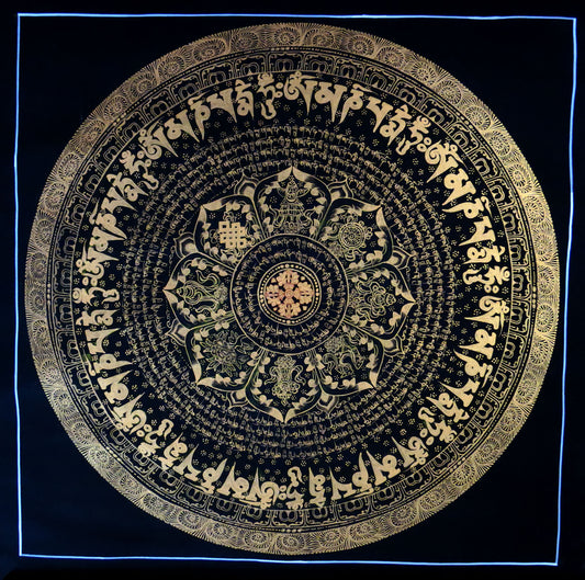 Tibetan Buddhism Ritual Vishwa Vajra/Dorje Om Mani Padme Hum Mantra Mandala with 8 Auspicious Lucky Sign Handwritten Painting Thangka Art Nepal free