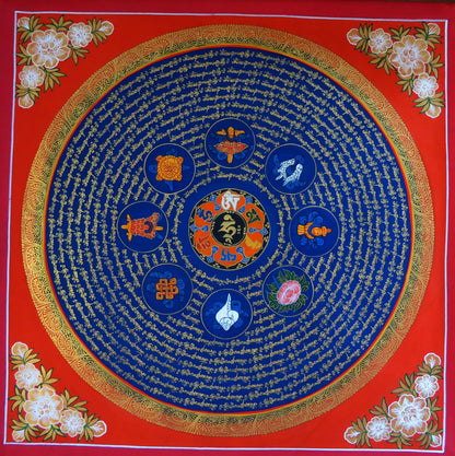 Tibetan Buddhism Om Mani Padme Hum Mantra Mandala Ritual 8 Auspicious Lucky Sign Lama Handwritten Painting Thangka Nepal free