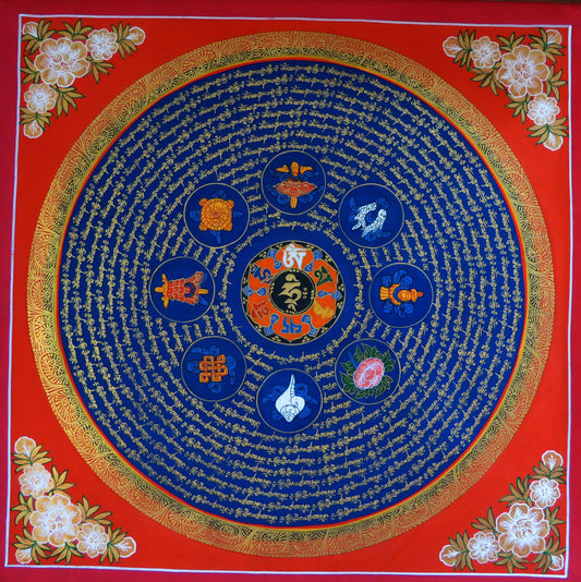 Tibetan Buddhism Om Mani Padme Hum Mantra Mandala Ritual 8 Auspicious Lucky Sign Lama Handwritten Painting Thangka Nepal free