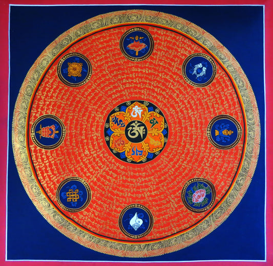 Tibetan Buddhism Ritual 8 Auspicious Lucky Sign Om Mani Padme Hum Mantra Mandala Lama Handwritten Painting Thangka free
