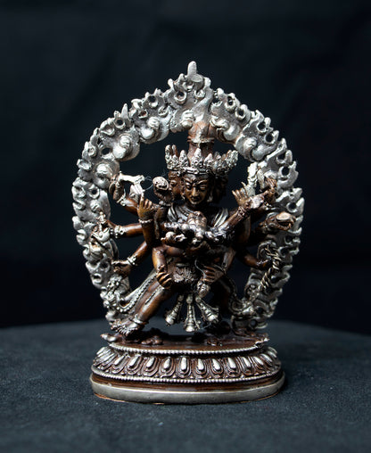 Tibetan Buddhism Gold Face Lord Cakrasamvara with Consort Silver Oxide Copper Statue Sculpture Figure Nepal free