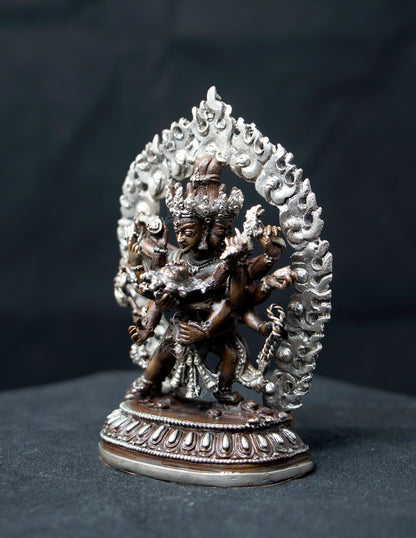 Tibetan Buddhism Gold Face Lord Cakrasamvara with Consort Silver Oxide Copper Statue Sculpture Figure Nepal free
