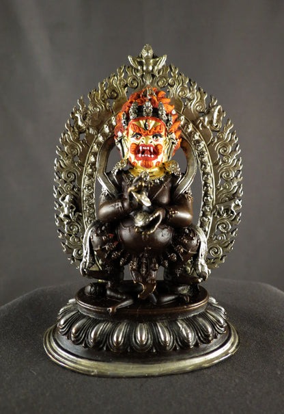 Black Mahakala Statue: Tibetan Buddhist Wrathful Deity, Gold Face Paint Silver Oxide Copper Sculpture Figure free