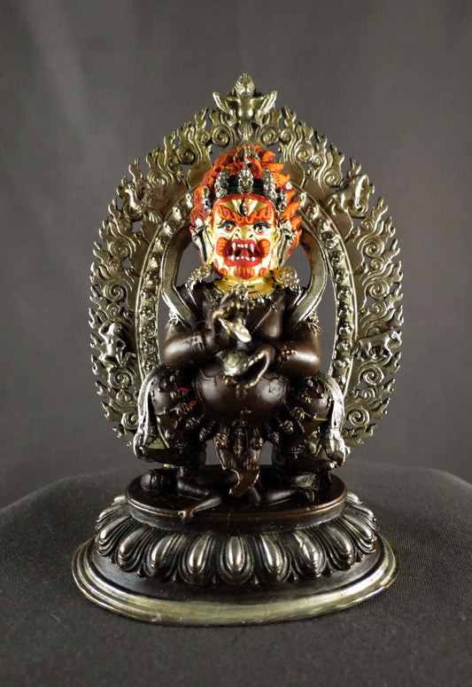 Black Mahakala Statue: Tibetan Buddhist Wrathful Deity, Gold Face Paint Silver Oxide Copper Sculpture Figure free