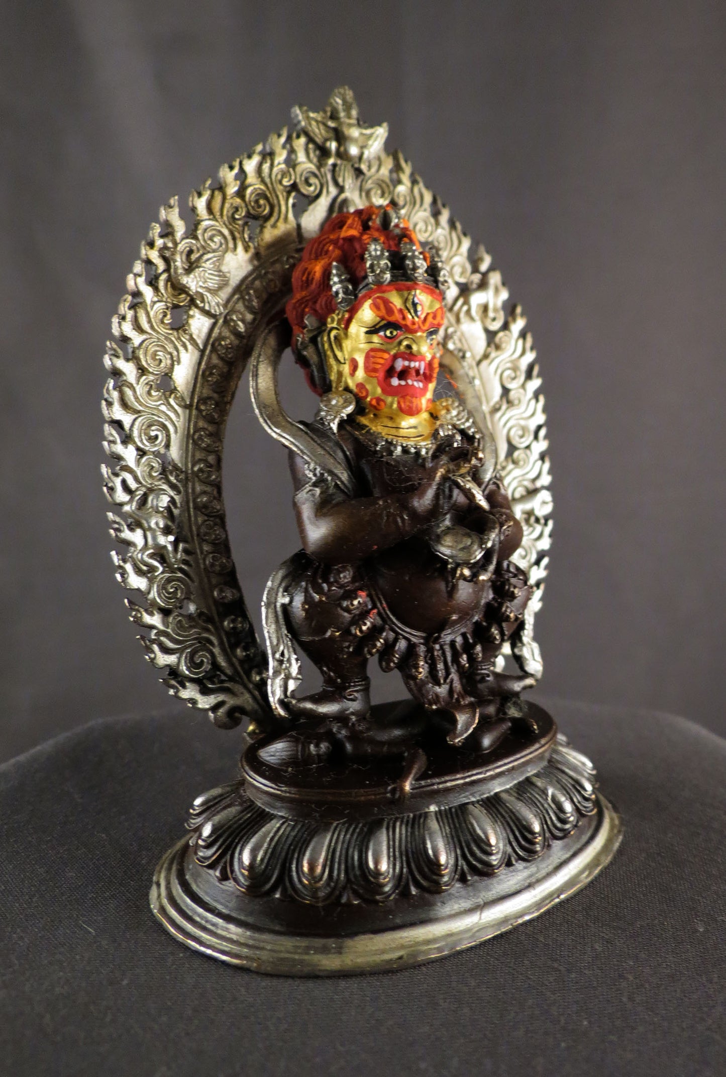 Black Mahakala Statue: Tibetan Buddhist Wrathful Deity, Gold Face Paint Silver Oxide Copper Sculpture Figure free