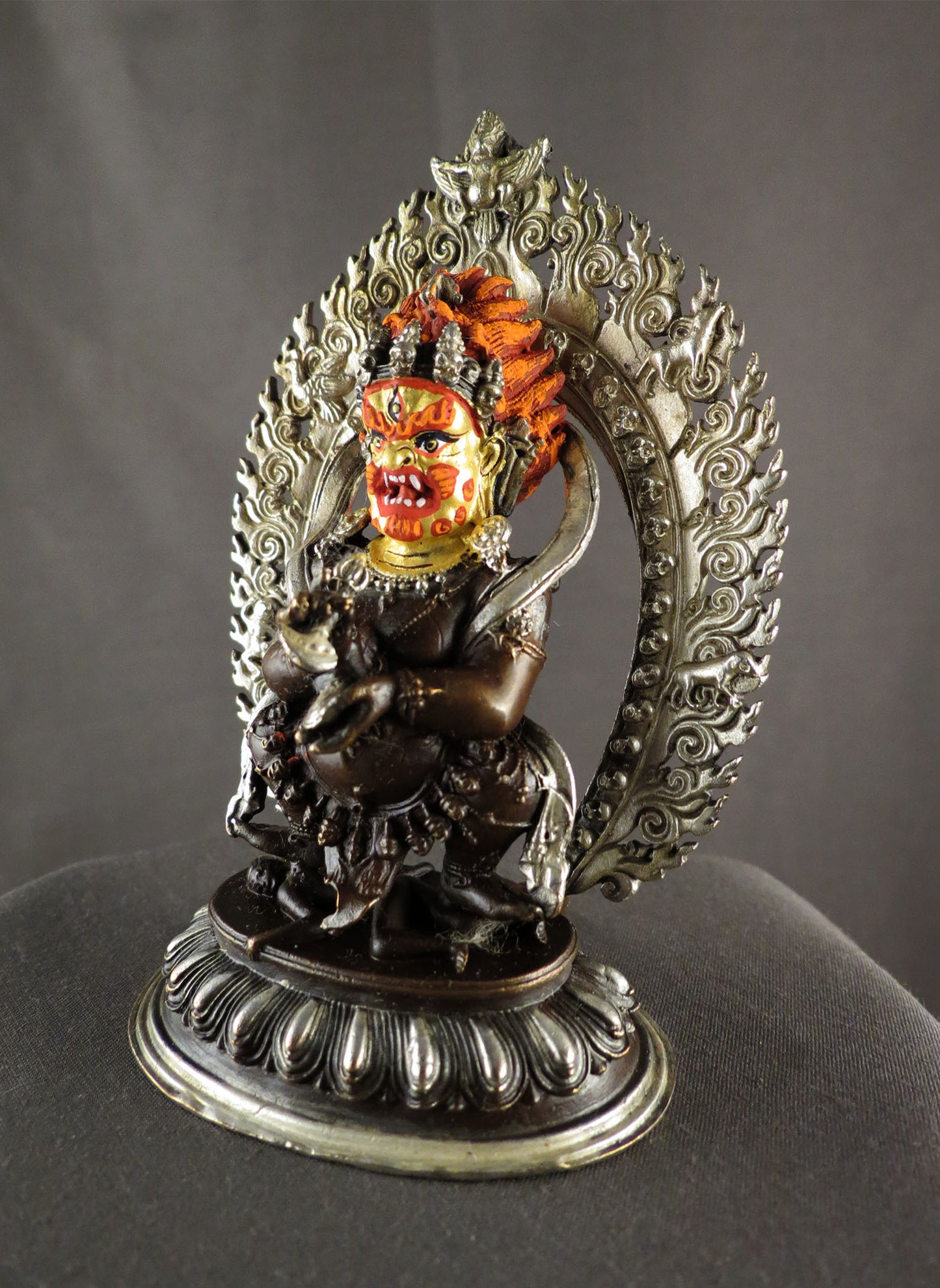 Black Mahakala Statue: Tibetan Buddhist Wrathful Deity, Gold Face Paint Silver Oxide Copper Sculpture Figure free
