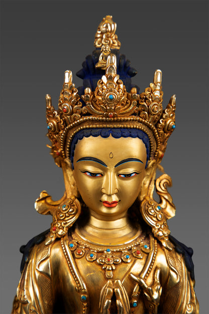 24KGold Face Tibetan Buddhism Lord Chenrezig Khacheri Gold Plated Bronze Statue Sculpture Nepal free