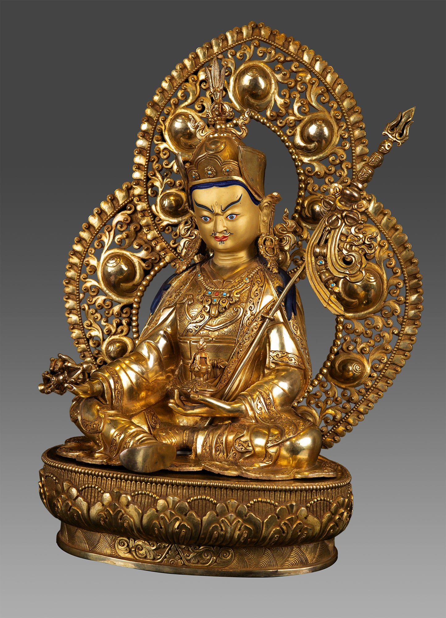 24K Gold Face Tibetan Buddhism Guru Rinpoche Padmasambhava Gold Plated Copper Statue Sculpture Nepal free 21