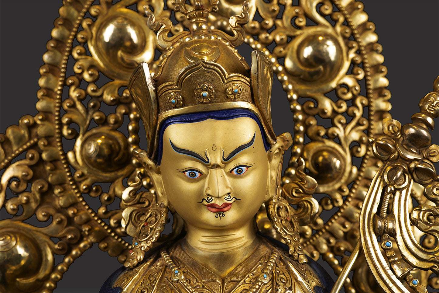 24K Gold Face Tibetan Buddhism Guru Rinpoche Padmasambhava Gold Plated Copper Statue Sculpture Nepal free 21