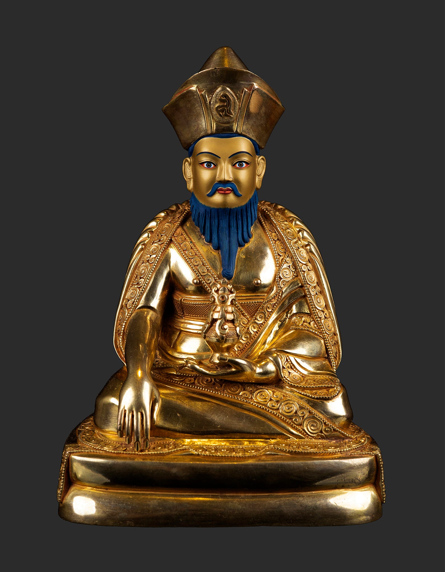 24K Gold Paint Face Guru Zhabdrung Rinpoche Gold Plated Pure Copper Statue Sculpture Nepal free 44Nepal free 44