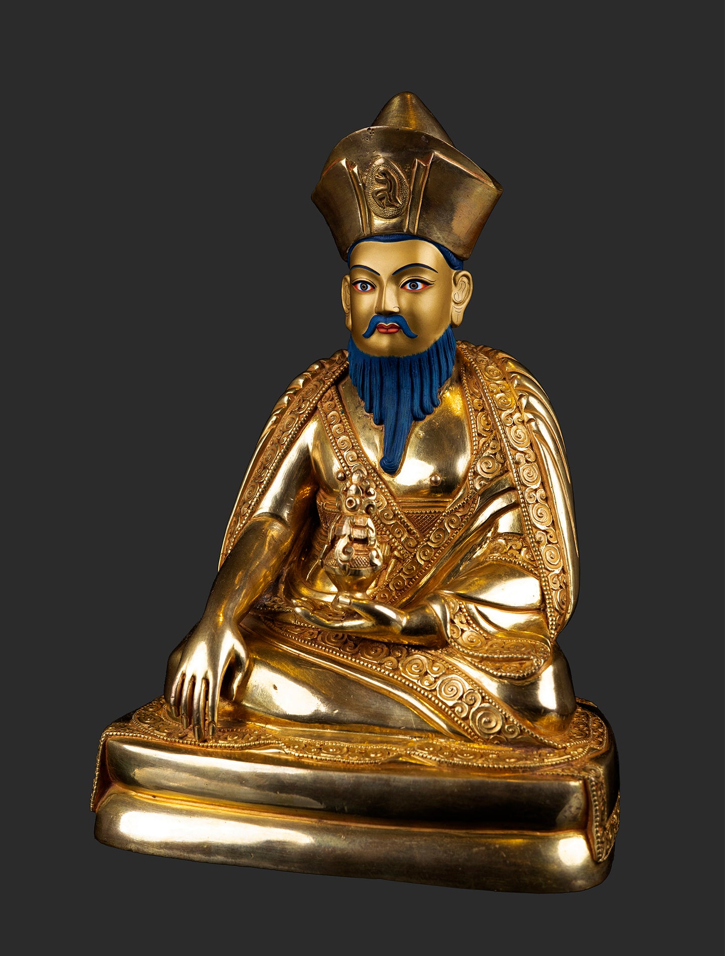 24K Gold Paint Face Guru Zhabdrung Rinpoche Gold Plated Pure Copper Statue Sculpture Nepal free 44Nepal free 44