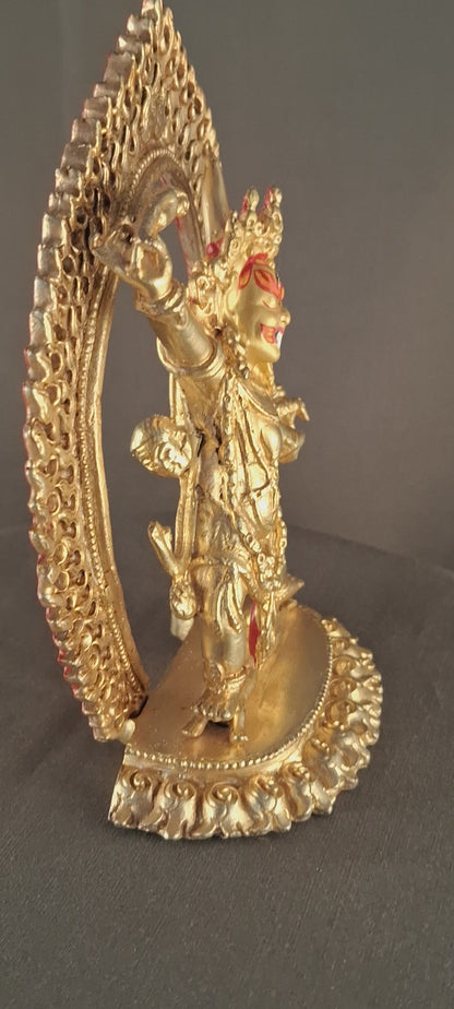 Tibetan Buddhism Gold Face Hand painting Wrathful Deity Ekajata Ekajati Gold Plated Copper Statue