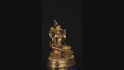 Tibetan Buddhism Gold Face Guru Rinpoche Padmasambhava Turquoise Coral Lapiz Stone Gold Plated Copper Statue Sculpture Figure Nepal free