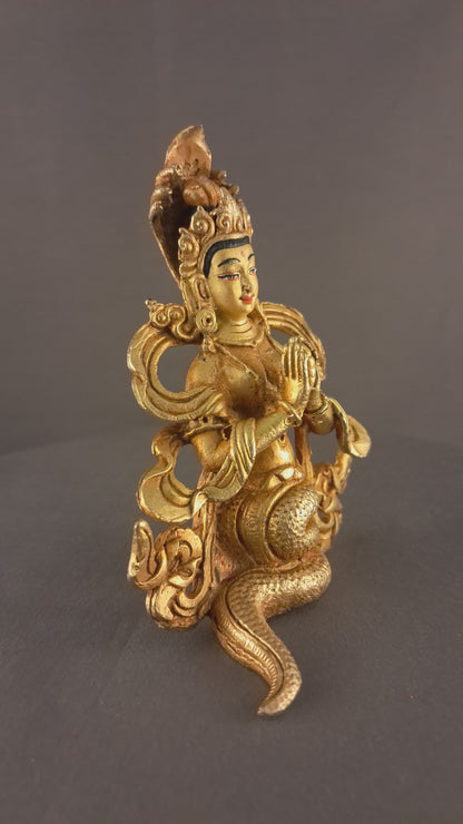 Gold Face Buddhism Snake Goddess Naga kanya Gold Plated Copper Statue Sculpture Nepal free