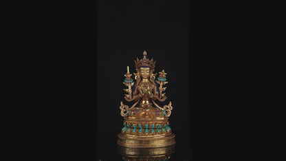Tibetan Buddhism Lord Manjushri Gold Face Paint Copper Gold Plated Turquoise Lapiz Coral Stone Statue Figure Sculpture Nepal free