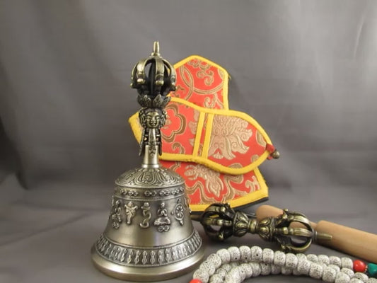 Tibetan Om Mantra 7" High Quality Sound Ritual Bronze Bell Dorje/Vajra Set free