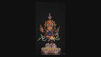 Tibetan Buddhism Gold Face Paint Wrathful Deity Lord Eight Hand Bhairav Mahakal Multicolor Hand Painting Copper Statue Sculpture Figure