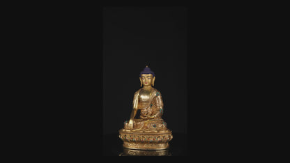 Tibetan Buddhism Gold Face Lord Shakyamuni Buddha Shakya Thubp Hand Craved Gold-Plated Coral Turquoise Stone Copper Statue Sculpture Figure