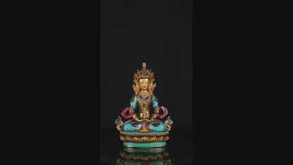 Tibetan Buddhism Hand Painting Lord Aparimita Aparamita Amitayus Buddha Copper Turquoise Coral Stone Statue Sculpture Figure free