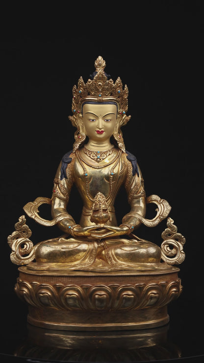 Tibetan Buddhism Gold Face Hand Painting Lord Aparimita Amitayus Buddha Pure Copper Statue Sculpture Figure Nepal free