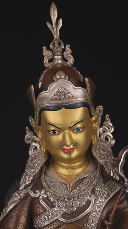 Tibetan Buddhism Gold Face Guru Rinpoche Padmasambhava Silver Oxide Copper Statue Sculpture Figure Nepal free