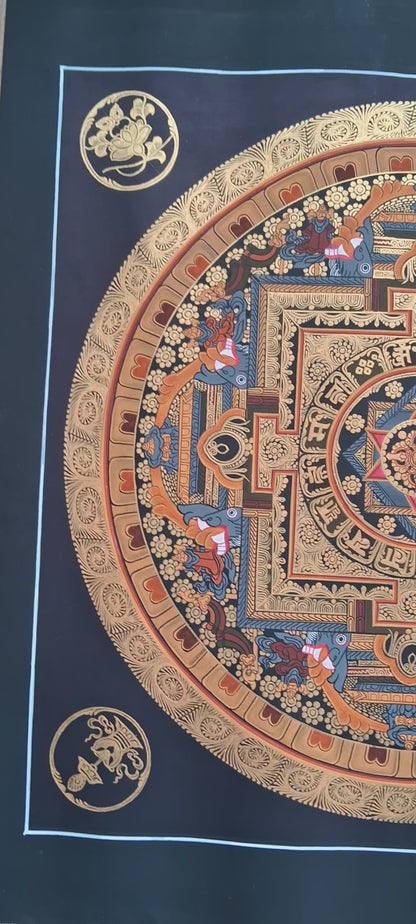 Tibetan Buddhism Om Mantra 8 Auspicious Lucky Sign Ritual Mandala Hand Painting Thangka Double Thangka Black