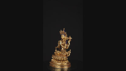 Tibetan Buddhism Gold Face Lord Chenrezig Avalokitesvara Spyan Ras Gzig Real Turquoise Coral Stone Gold Plated Copper Statue Sculpture Figure