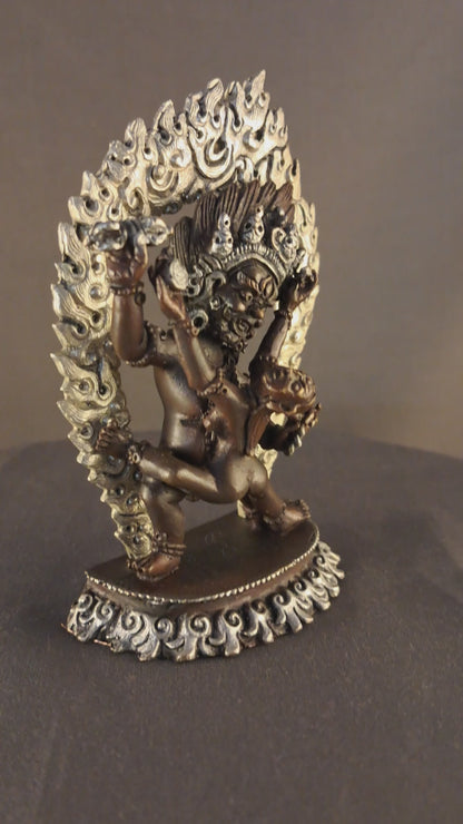 Buddhism Protector God Vajrapani with Consort Silver Plated Copper Oxide Statue Nepal