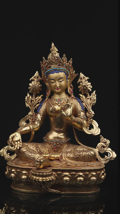 Tibetan Goddess Green Tara Rupa Pure Copper Real Stone Turquoise Sculpture Figure Nepal free