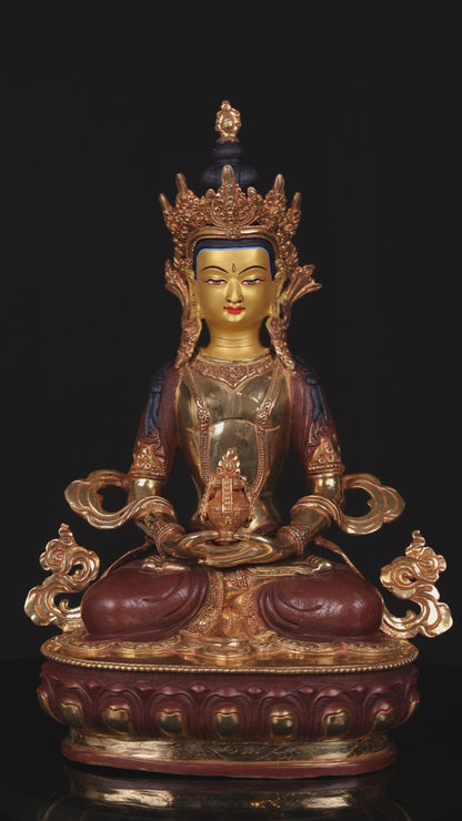 Tibetan Buddhism Gold Face Hand Painting Lord Aparamita Amitayus Buddha Copper Statue Sculpture Figure free