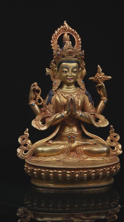 Tibetan Buddhism Lord Chenrezig Khacheri 24K Gold Face Painting Pure Copper Statue Sculpture Figure Nepal free