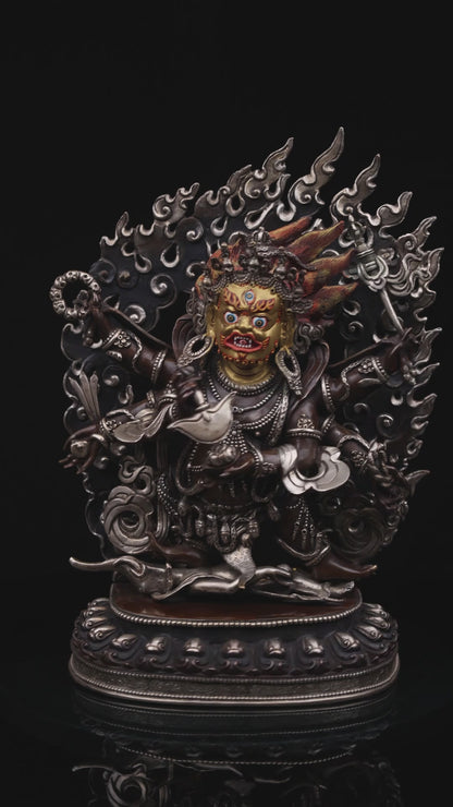 Tibetan Buddhism Gold Face Lord Six Hand Black Mahakala Silver Oxide Copper Statue Figure Nepal free