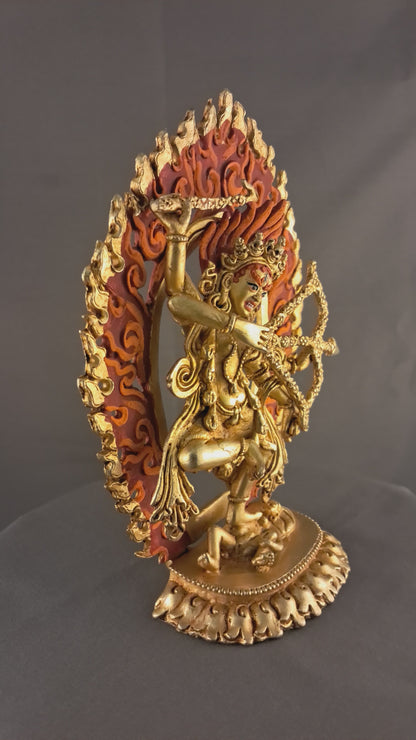 Tibetan Gold Face Goddess Kurukulla Dakini Jogini Gold Plated Copper 6.2" Statue Sculpture Nepal free