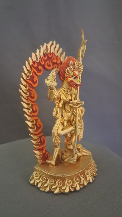 Tibetan Gold Face Simha Mukha Dakini Statue: Gold Plated Copper Buddhism Handmade Sculpture
