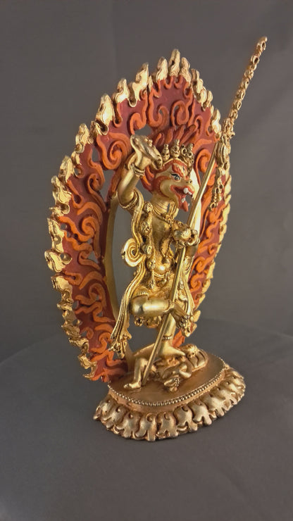 Tibetan Buddhism Gold Face Simha Mukha Yogini Dakini 6.2" Gold Plated Copper Statue Sculpture Nepal free