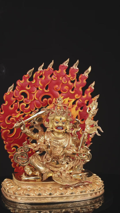 Tibetan Buddhism Gold Face Paint 4 Arms Lord Mahakala Bhairav Gold Plated Statue Figure Nepal free